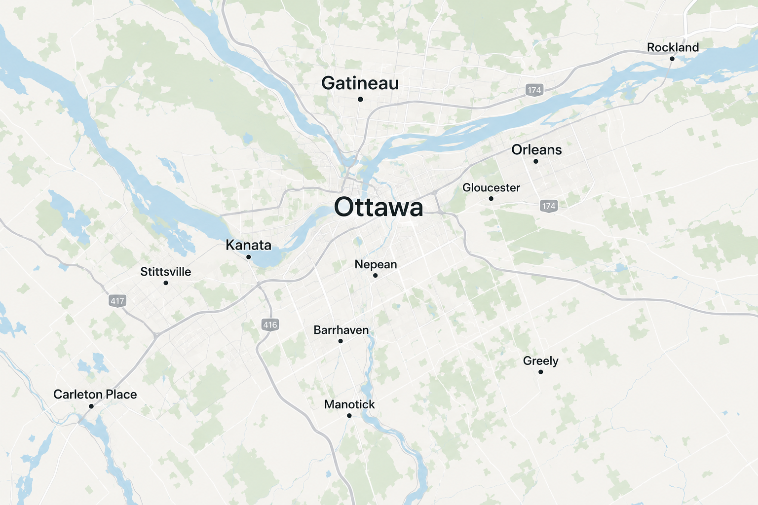 Map showing Fence Masters Ottawa service areas including Kanata, Barrhaven, Nepean, Orleans, Stittsville, Manotick and surrounding communities