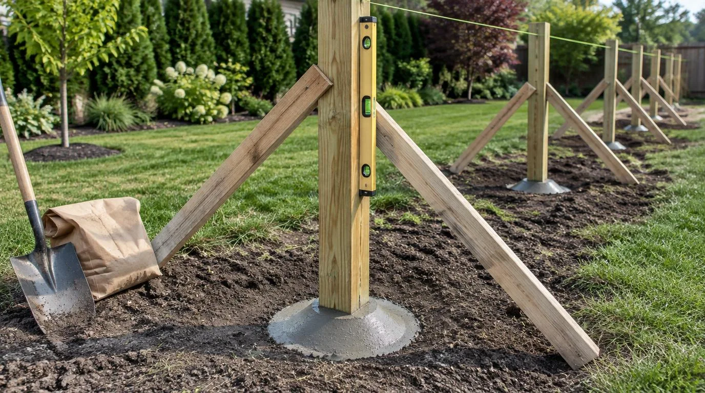 Braced wood fence posts with a spirit level and concrete collars during installation.