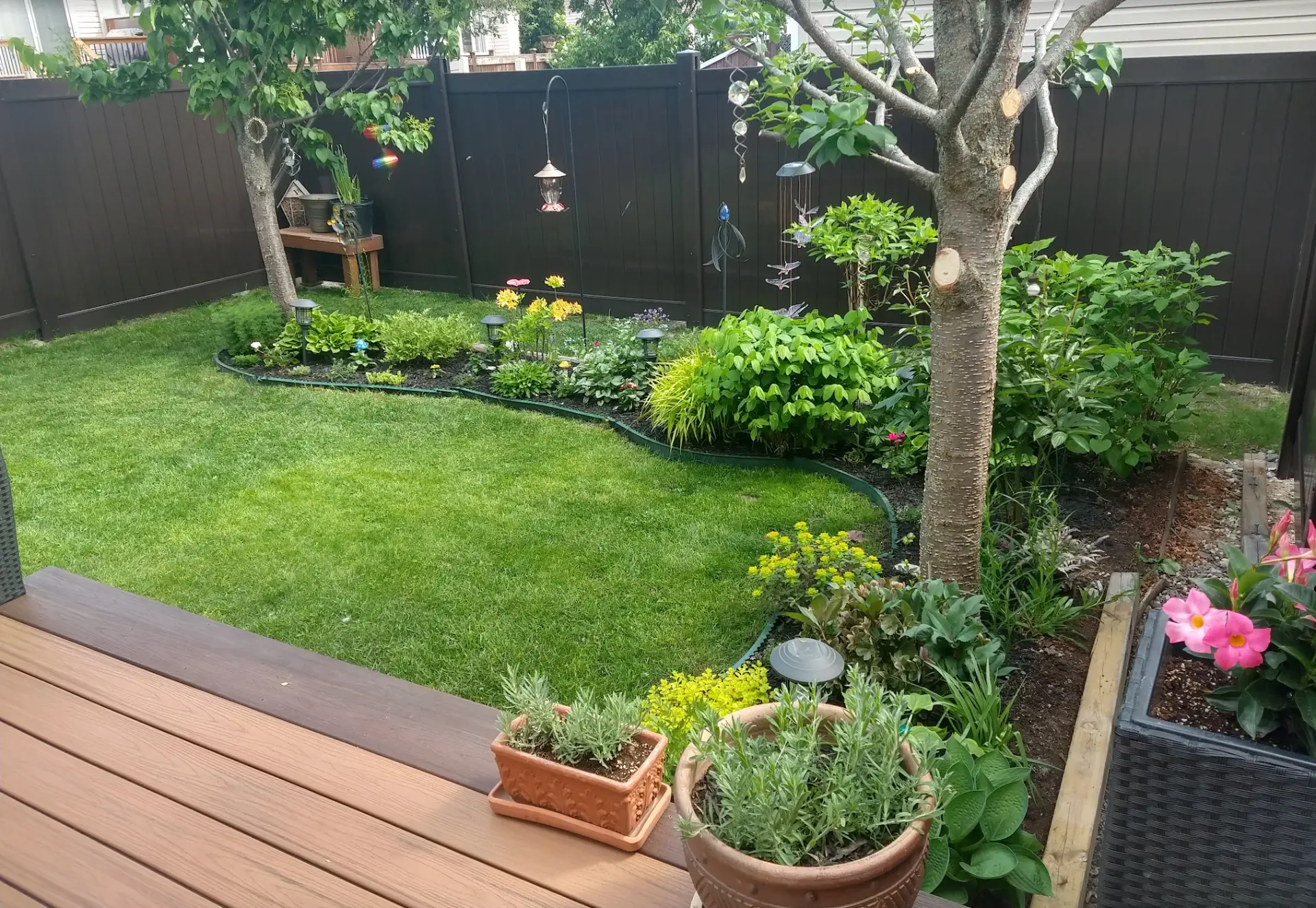 Dark brown PVC privacy fence enclosing a landscaped Ottawa backyard with garden beds and a composite deck